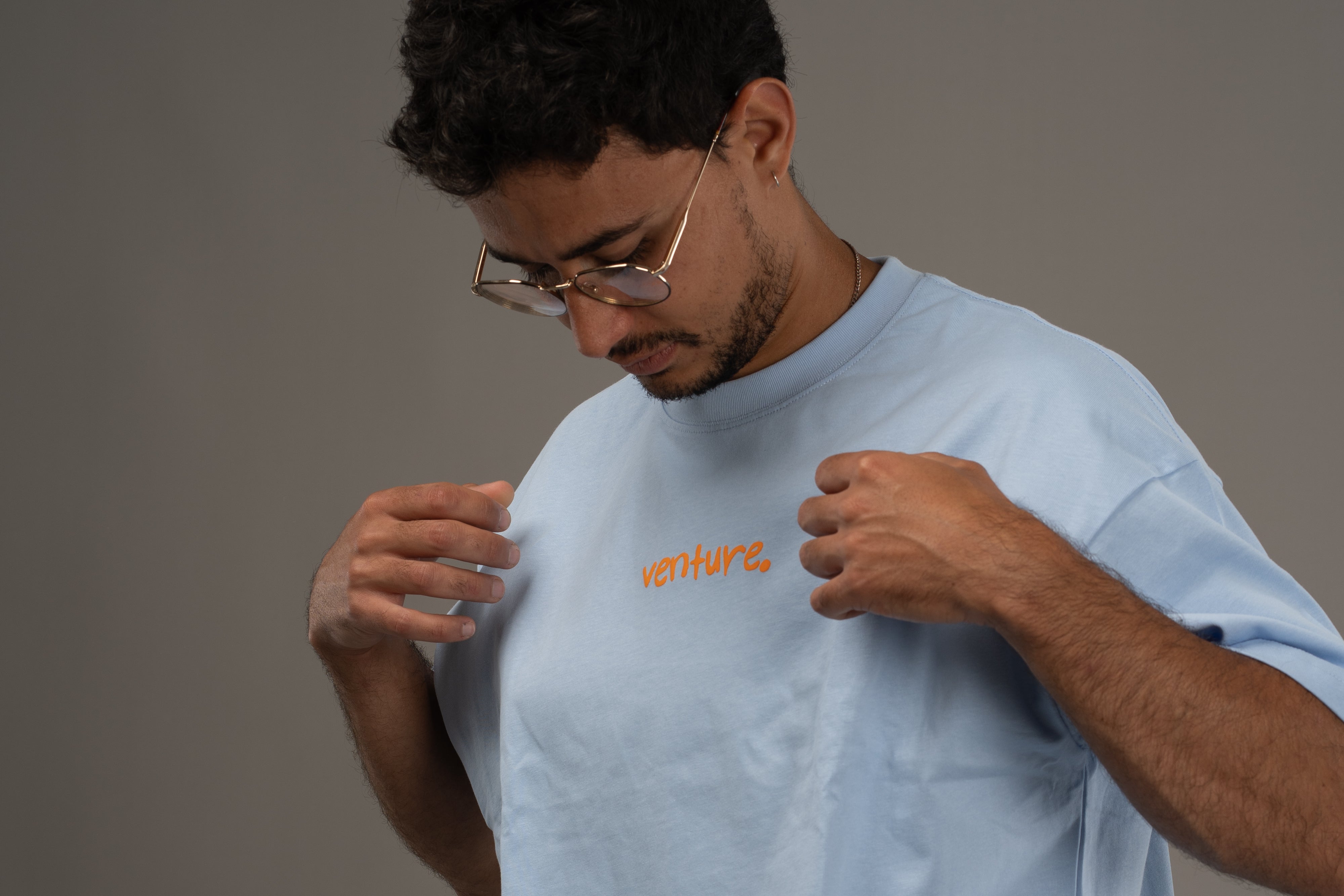 Blue Oversized Tee- Orange Puff Print